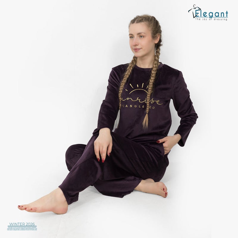 Elegant WIDE LEG Velvet Embroidery Pyjama - Purple-Sunrise - Image 2